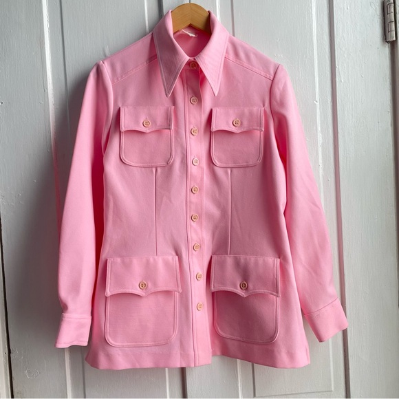 Vintage 70s Bubblegum Pink Dagger Collar Leisure Suit, 4-Pocket Jacket - Picture 2 of 11